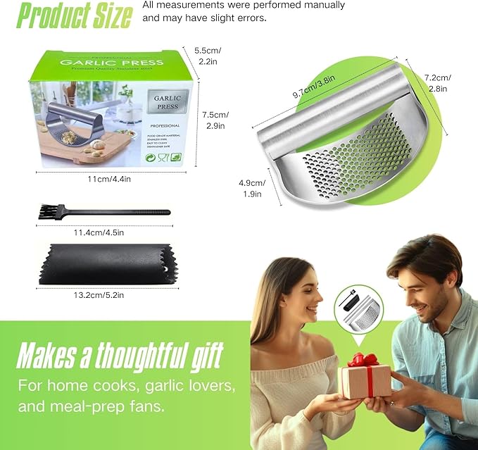 Stainless Steel Garlic Press Rocker with Bottle Opener, 304 Heavy Duty Garlic Mincer & Crusher Tool with Peeler and Cleaning Brush, Easy-Clean Garlic Chopper Kitchen Gadget