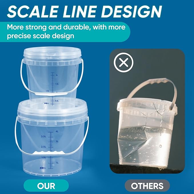 ASEVAT Clear Bucket Graduated Pail Container with Lid, Food Grade Buckets, Cleaning Containers Plastic Pails Extra Durable Handles with Grip for Easy Carrying (ClearRound, 0.3gal)