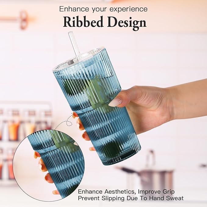 6PCS Ribbed Glass Cups with Lids and Straws, 20oz Vintage Drinking Glasses, Aesthetic Iced Coffee Cups, Glass Tumbler for Boba, Beer, Tea, Cocktails, Ribbed Glassware Set (Colored-6)