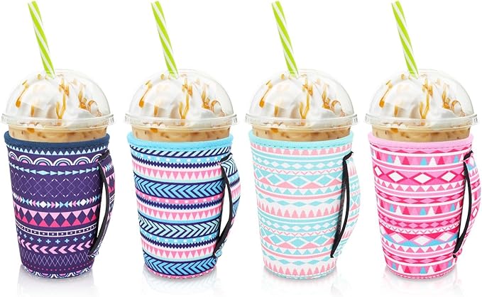 4Pack Reusable Iced Coffee Sleeve Insulator Sleeves for Cold Drinks Beverages, Neoprene Cup Holder for Most Coffee, Fits 22-24oz Medium Cups (Geometric)