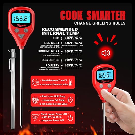 AWLKIM Digital Meat Thermometer with 40-Inch Leave-in External Probe, Rechargeable Instant Read Food Thermometer for Grill BBQ Smoker Oven Kitchen, IP67 Waterproof, Audible Alarm & Hold Function
