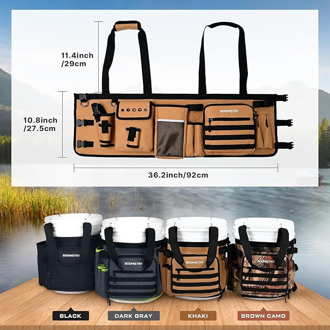 Boomistry Fishing Bucket Organizer for 5 Gallon Bucket Accessories, Fishing Tackle Bag with Adjustable Buckle, Fishing Rod Bag with 15 Multi-Pockets for Fishing Gear and Equipment (Khaki)