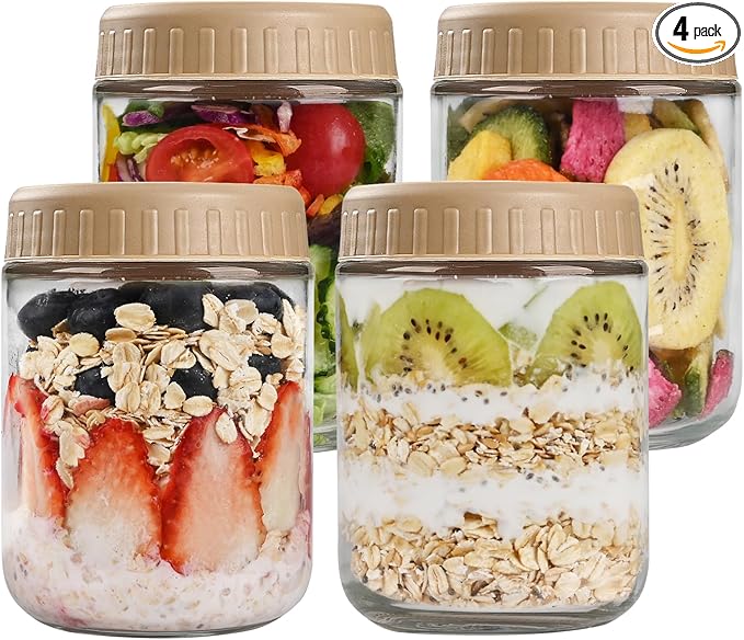 SHOWIN Overnight Oats Containers with Lids, 16oz Glass Jars with Lids 4 pcs, Taffy, Wide Mouth Mason jars for Salad, Yogurt, Snacks, Meal Prep