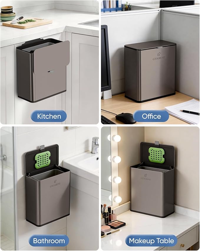 Kitchen Compost Bin, 8L/2.1G Small Trash Can with Lid, Slim Stainless Steel Hanging Garbage Bin for Kitchen, Bathroom, Bedroom, Office, Wall Mounted Compost Bin with Inner Bucket, Grey