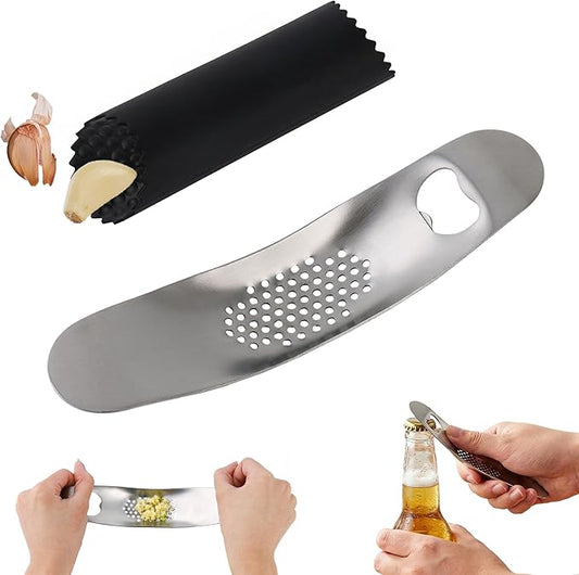 Garlic Press Rocker Stainless Steel, Manual Garlic Mincer Crusher with Silicone Peeler Set, Heavy Duty Ginger Smasher with Bottle Opener for Kitchen, Dishwasher Safe, Silver & Black