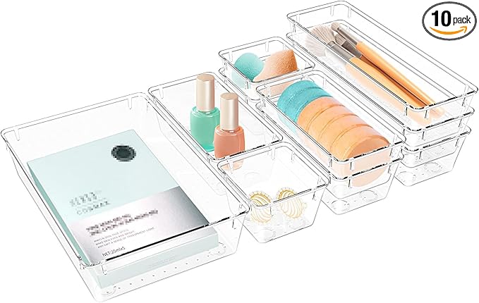 StorMiracle 10 PCS Drawer Organizer Set,4 Varied Size Bathroom and kitchen Drawer cabinet organizer Trays, Clear Storage Bins for Makeup, Jewelry, Utensils and Gadgets