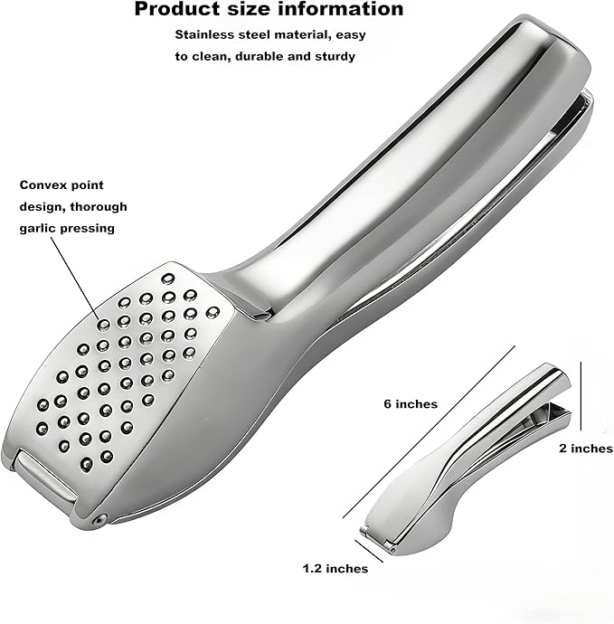 Garlic Press, Stainless Steel Garlic Crusher with Soft Ergonomic Handle, Rust-Proof Garlic Mincer Tool, Dishwasher Safe, Includes Silicone Garlic Peeler & Cleaning Brush