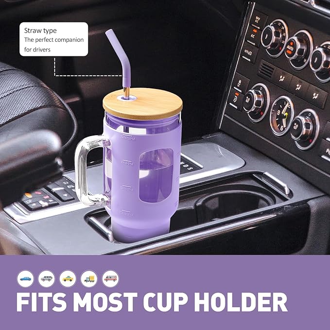 WINSA Glass Tumbler with Straw and Lid, 40 oz glass cup with handle, Glass Water Bottles with Time Marker, Silicone Protective Sleeve-Purple
