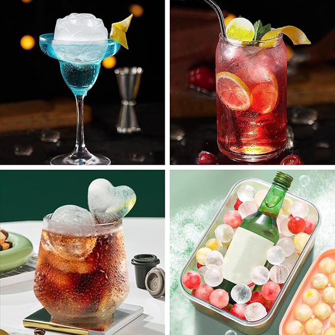 Silicone Ice Molds Fun Shapes Set, Heart Rose Ice Cube Mold, Small Round Ice Cube Tray, Makes 22 Sphere & 3 Heart 3 Rose Shape Ice Balls for Chilling Whiskey Cocktails, 2 Ice Trays with Bin Scoop Tong