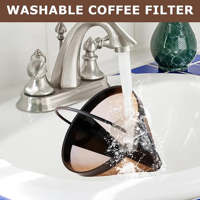 KEEPOW Reusable Coffee Filter Replacement 8-12 Cup, Compatible with Ninja & Cuisinart Coffee Makers, #4 Cone Gold Tone Coffee Filter Basket