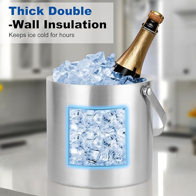 3L Stainless Steel Ice Bucket – Double-Wall Insulated Cooler Keeps Ice Frozen Longer for Wine, Champagne & Beer,Includes Lid, Handle, Tong & Scoop