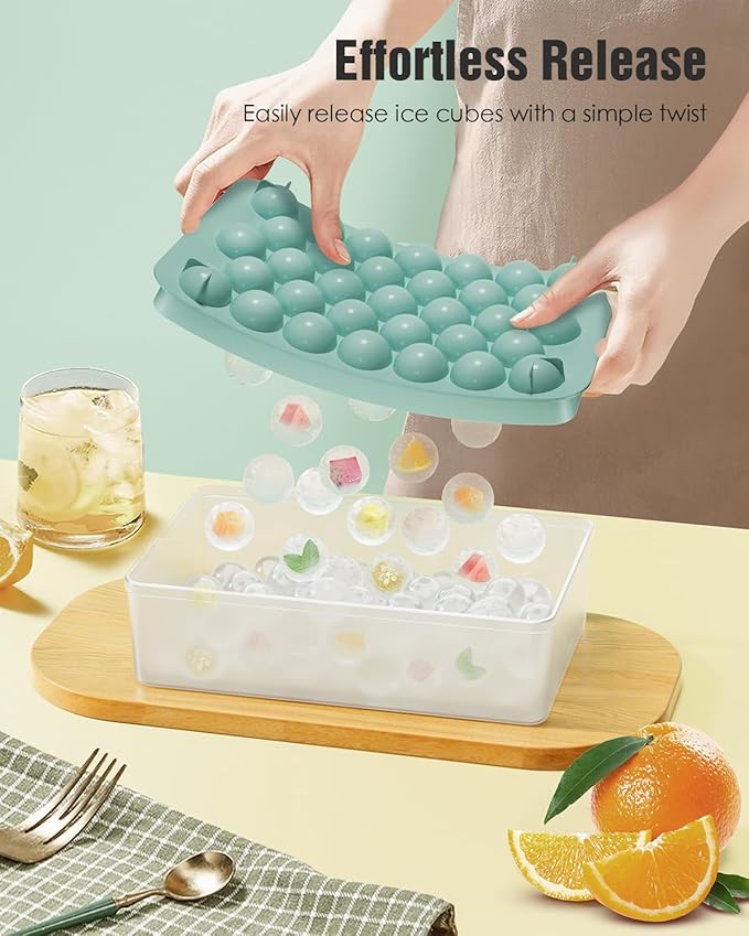 Round Ice Cube Trays for Freezer with Lid and Bin - 3 Stackable Trays Small Circle Ice Maker Molds, 99pcs Round Ice Balls for Chilling Whiskey, Cocktails, Coffee - Easy-Release Sphere Ice Tray