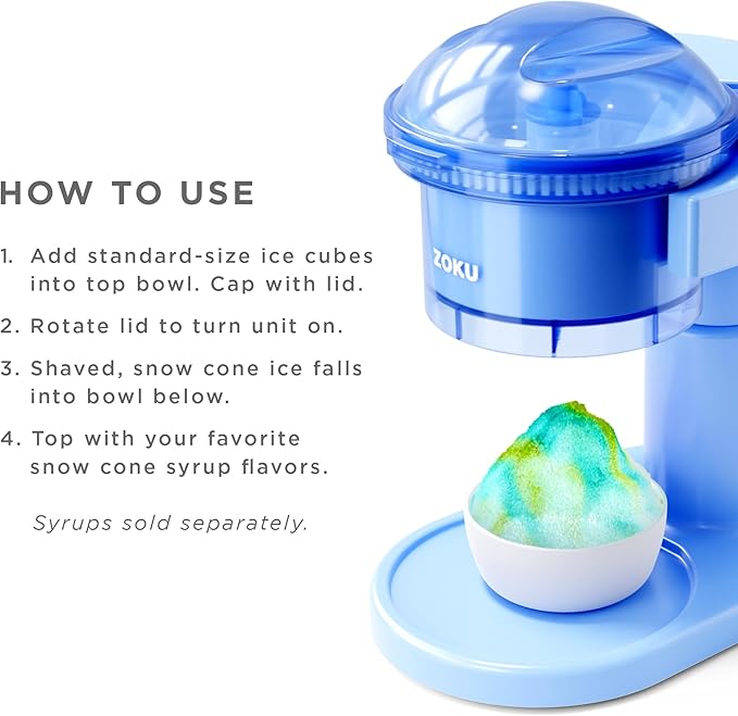 ZOKU Snow Cone Machine, Easy-to-Use Shaved Ice Maker with Stainless Steel Blades for Homemade Frozen Treats, Perfect for Icy Drinks, Slushies, and Margaritas