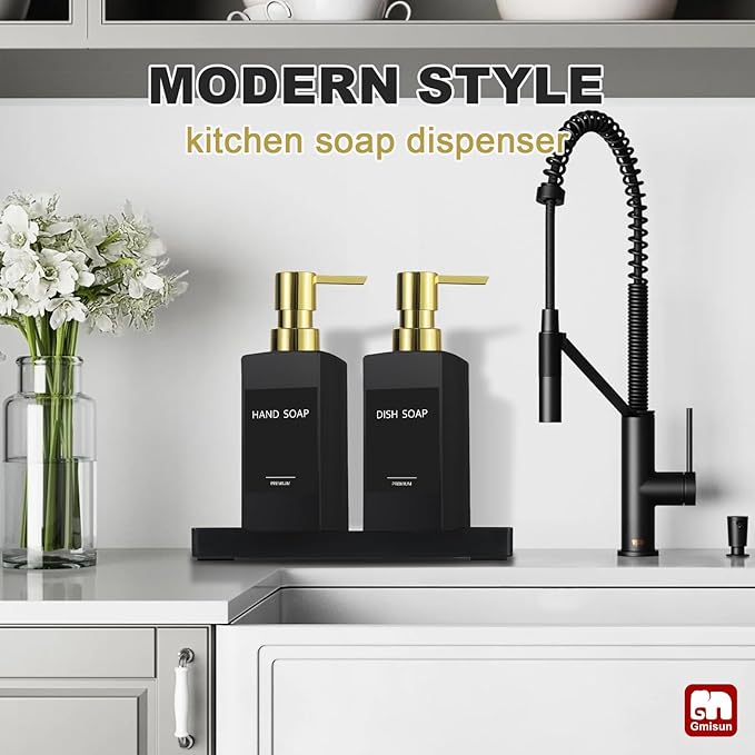 GMISUN Kitchen Soap Dispenser Set with Tray, Dish Soap Dispensers for Kitchen, 12fl oz/350ml Hand and Dish Soap Dispenser Set, Black Soap Dispensers with Gold Pump, Glass Liquid Soap and Lotion Bottle
