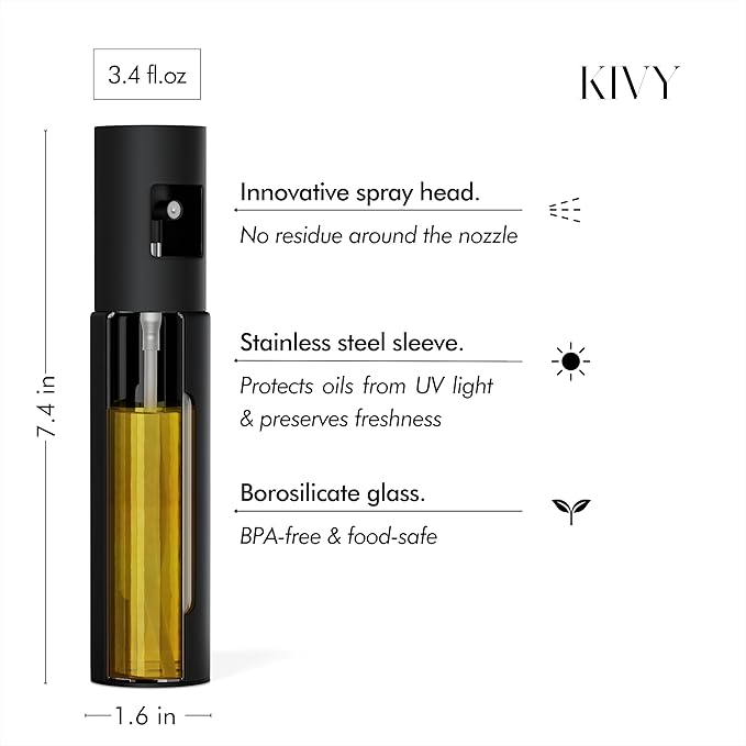 KIVY Glass Oil Sprayer for Cooking– Precise Oil & Vinegar Spray Bottle Oil Mister Spray Bottle for Food – Includes Funnel – Perfect for Cooking & Air Fryer (Black)