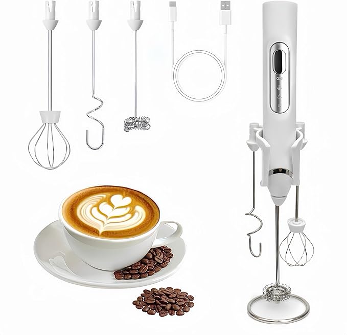 Milk Frother Handheld with stand,Rechargeable Coffee Frother Wand with 3 Detachable Stainless Steel Whisk Heads, Hand Electric Mixer for Latte,Matcha,Cappuccino,Protein (white)