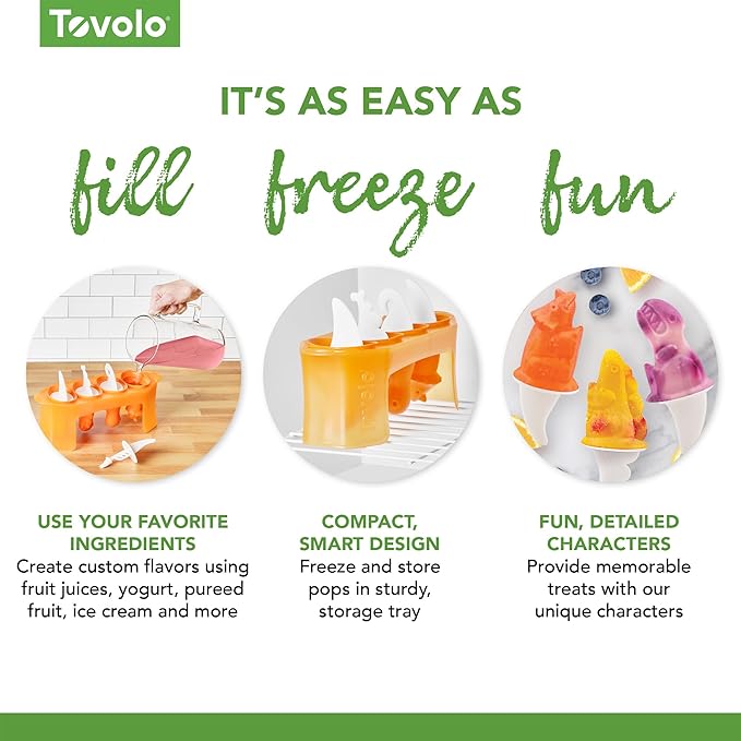 Tovolo Dino Ice Pop Molds Set of 4 Silicone Popsicle Molds with Sticks for Kids, Dishwasher Safe Dinosaur Popsicle Molds for Frozen Treats Snacks, BPA Free Silicone Dino Ice Pop Maker