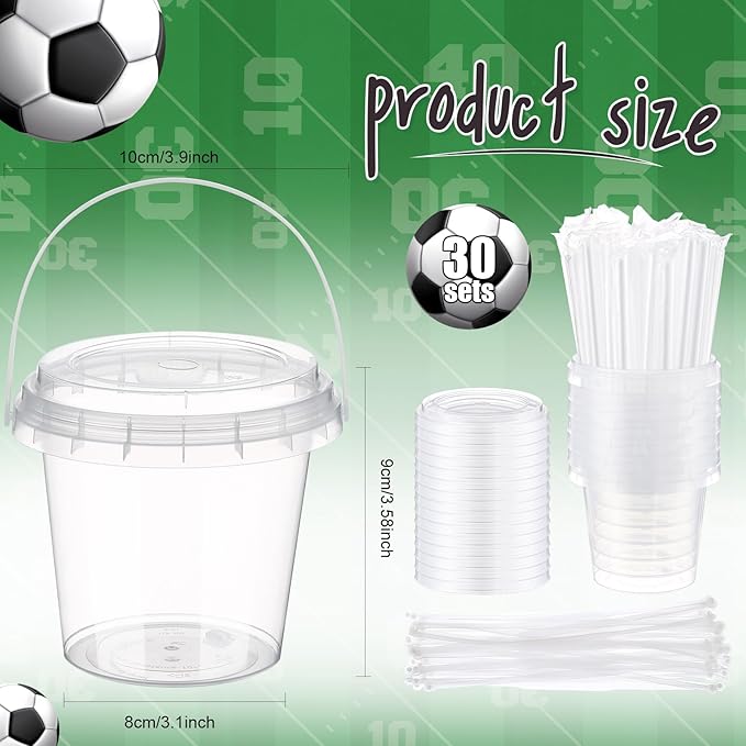 Funnymoom 50 Set Soccer Drinks Buckets with Lids and Straws 24oz Clear Plastic Ice Coffee Cups Disposable Rum Cocktail Pails with Handles for Adult Sports Viewing Game Day & Tailgate Party Supplies