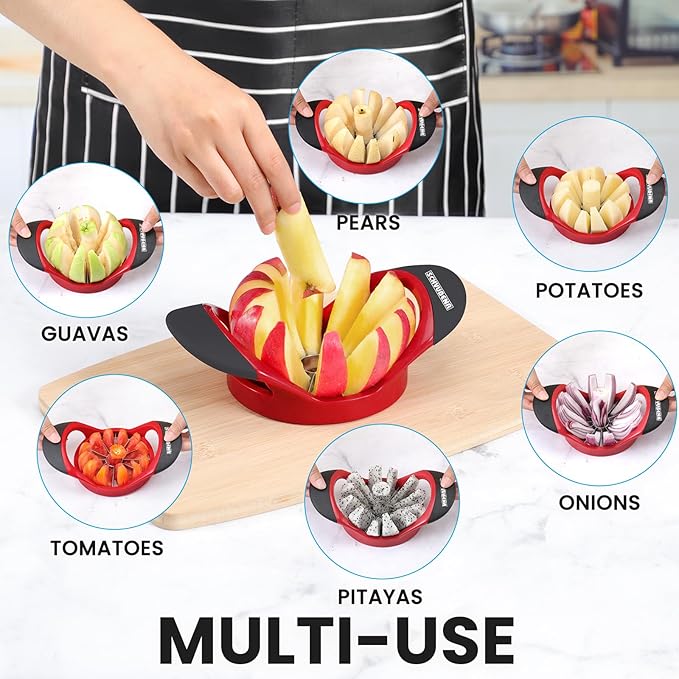 SCHVUBENR 12-Blade Apple Slicer and Corer - 4.72 Inch Sharp Stainless Steel Apple Cutter - Professional Apple Divider Tool for Quick Slices - Easy to Use & Clean - Slice Fruits with Ease - Red