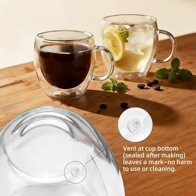 Double Wall Insulated Espresso Shot Cups 5.4 OZ Set of 2, Small Clear Borosilicate Glass Demitasse Coffee Mugs with Handles