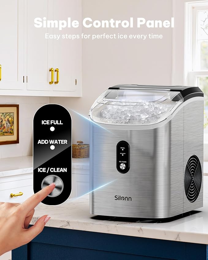 Silonn Nugget Ice Maker Countertop, Pellet Ice Machine with Self-Cleaning Function, Sonic Ice Maker Produces 33lbs of Chewable Ice in 24 Hours, Ideal for Home Kitchen and Office (Stainless Steel-17T)