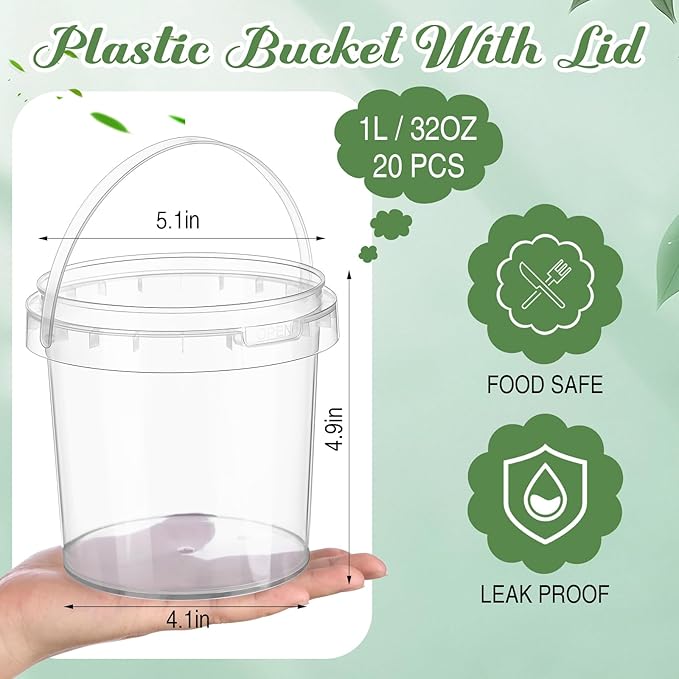 PerKoop 20 Pcs 32 oz Ice Cream Buckets with Lids and Handles Clear Cocktail Rum Buckets with Stickers Plastic Transparent Tub Reusable Food Storage Containers for Parties(Wildflower)