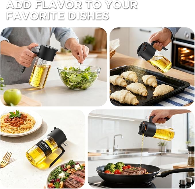 PLAPITATE 2Pcs 17oz Premium Olive Oil Sprayer for Cooking, 2 in 1 Glass Olive Oil Dispenser Bottle for Kitchen Gadgets, Spray Bottle with Portion Control for Salad, Frying, BBQ (Black & Gray)