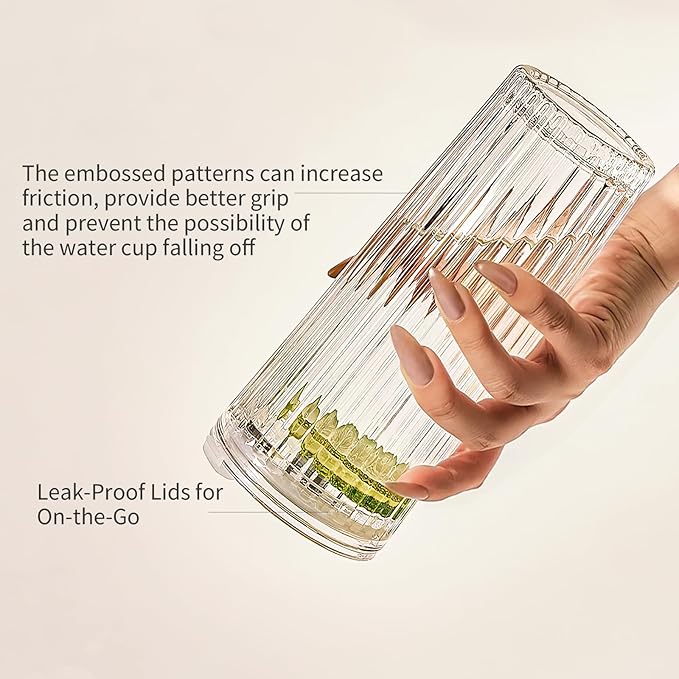 Puraville 2 Pack 18oz Glass Cups with Lids and Straws, Vintage Ribbed Striped Thickened Glassware for Whiskey Cocktail Beer, Mason Jar Drinking Glasses Tumbler Iced Coffee Cup, Clear