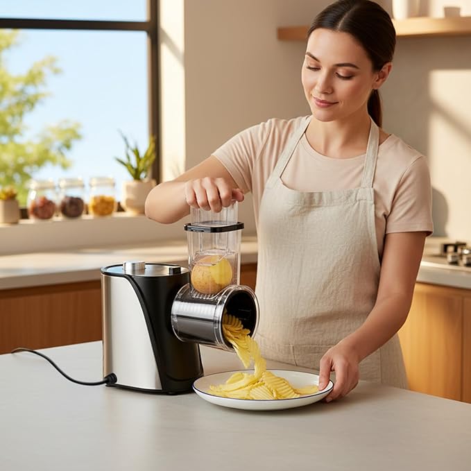Electric Vegetables Slicer Cheese Shredder, 5-in-1 250W Professional Automatic Salad Fruits Maker Shooter Chopper Machine Kitchen Cutter Grater Food Processor with 5 Different Blades