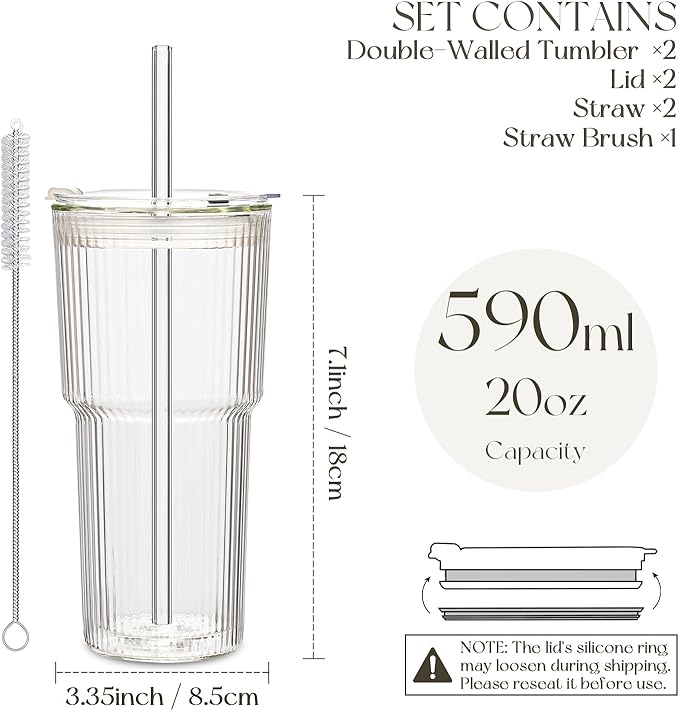 KEMORELA 2PCS 20oz Double Wall Ribbed Glass Cups with Lids and Straws, Insulated Borosilicate Glass Tumblers, Heat-Resistant, leak-proof Design for Iced Coffee, Tea, Juice, Reusable for Home & Parties