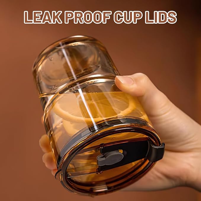Luxfuel 13oz Tumbler Water Glass Cups with Straw and Lid, Reusable Iced Coffee Cups, Iced Tea, Sealed Carry-On Glass Tumbler for Travel, Home, Office, Party and Outdoor (Amber 4 Pack)