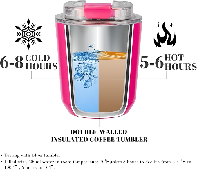 Puraville Insulated Tumblers with Lid, 10 oz Travel Coffee Mug Stainless Steel Vacuum Cup, Leak Proof Reusable Double Walled Coffee Tumbler for Iced and Hot Drinks, Fuchsia
