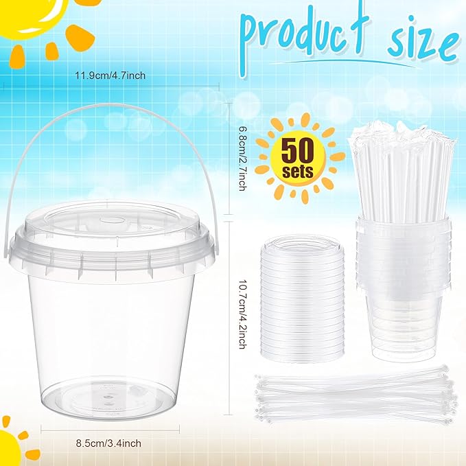Funnymoom 50 Set 24oz Clear Plastic Drink Buckets with Lids and Straws Disposable Iced Coffee Cups Rum Buckets for Cocktail Parties Smoothie Cup Bulk with Handles for Beach Pool Party Supplies
