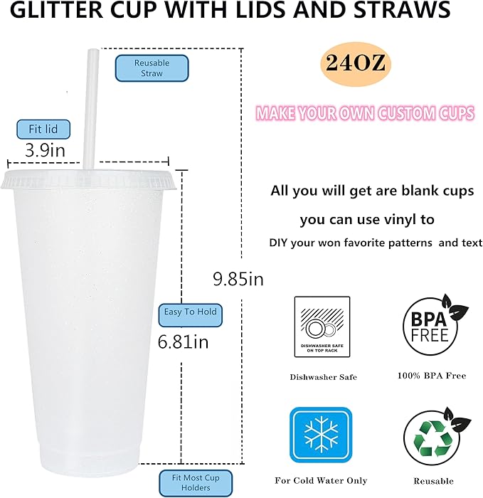 Suertestarry Tumbler with Straw and Lid,Water Bottle Iced Coffee Travel Mug Cup,Reusable Plastic Cups,Perfect for Parties,Birthdays… (15 White Glitter, 15 pack)