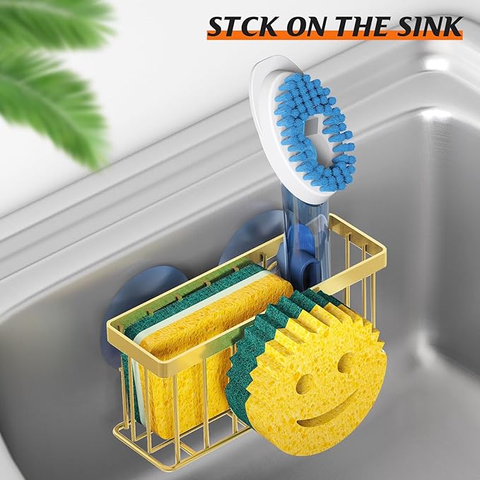 MURLONG Sponge Holder Smiley Face, Sink Caddy for kitchen Sink, Kitchen Organizer Sponge Holder with 2 PCS Suction Cups/1 PCS Adhesive Strips, Designed for Sponge, Soap, Dish brush, Scrubber-Gold