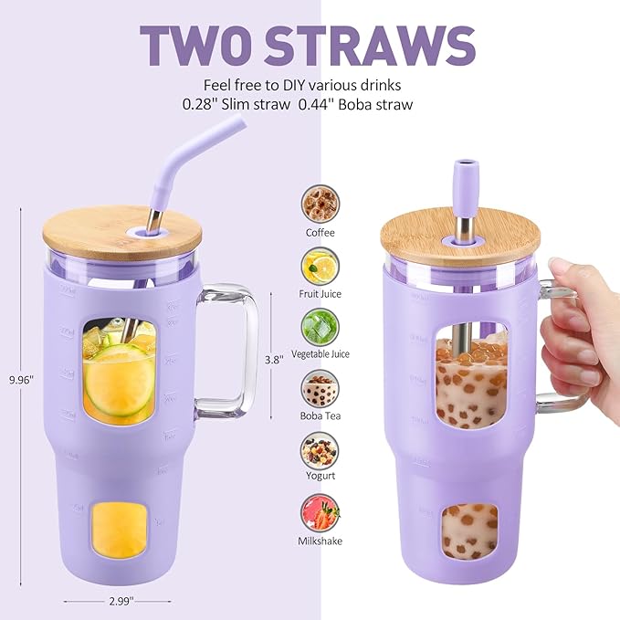 WINSA 32 oz Glass Tumbler with Straw and Lid, Glass Water Bottles with Time Marker, Silicone Protective Sleeve - Purple