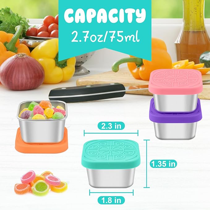 LIEMAND 6x2.7oz Salad Dressing Container to Go, Leakproof Reusable Stainless Steel small container with lid,Sauce Containers for Lunch box,Picnics,Travel,Office and Meal Prep-Square