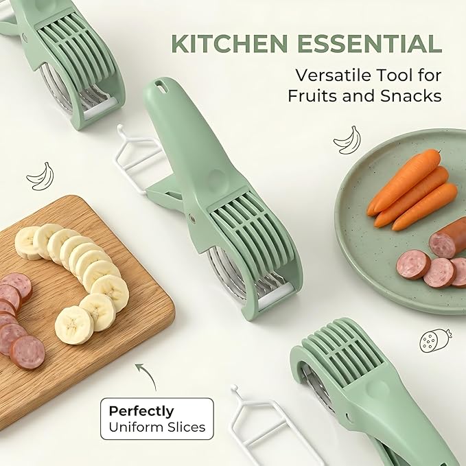 Banana Slicer,Strawberry Slicer,Grape Cutter,Multi-Functional Fruit Slicer,Cucumber Slicer,All-In-One Kitchen Gadget For Fruits & Vegetables Banana Sausages,Cucumbers,Strawberries,Grape(Green)