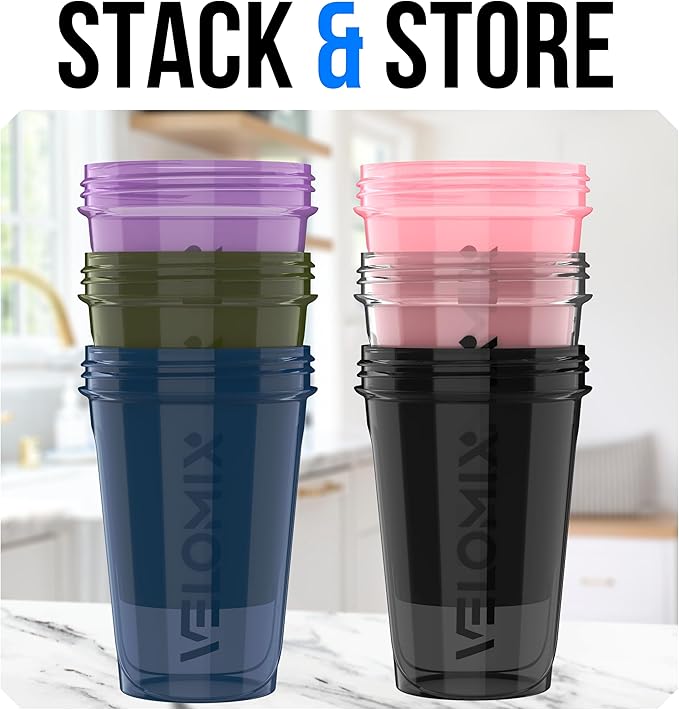 VELOMIX -6 PACK- 20 oz Protein Shaker Bottle for Protein Mixes - 6x Wire Whisk | Leak Proof Shaker Cups for Protein Shakes| Stackable Protein Shaker Bottle Pack | Dishwasher Safe (Muted Contrast)