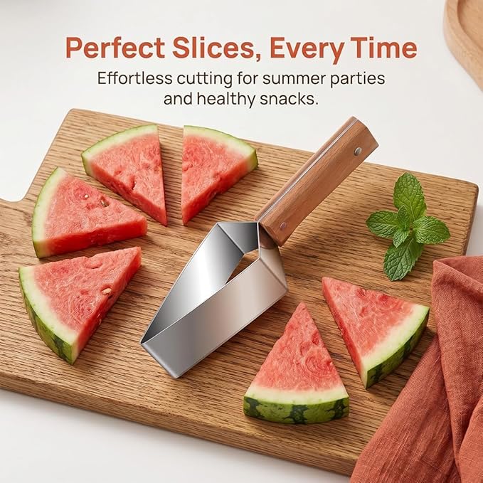 Triangle Watermelon Cutter, Stainless Steel with Wooden Handle -Melon Slicer, Fruit Cutter for Kitchen Gadgets, Stainless Steel Watermelon Slicer Tool for Home Kitchen Camping Picnic (1)