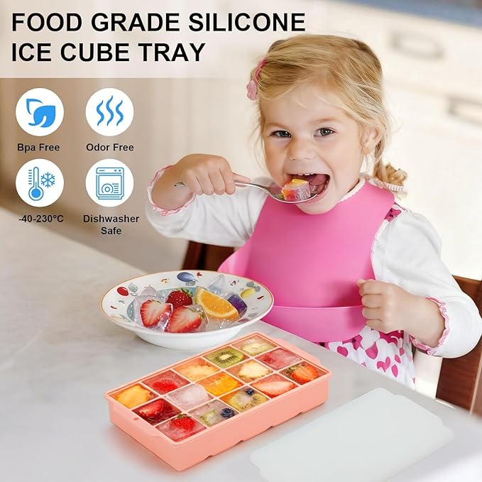 Reespring Silicone Ice Cube Tray, Ice Tray for Freezer with Lid, 3 Pack Ice Cube Trays for Freezer with 45 Flexible Easy Release Ice Trays