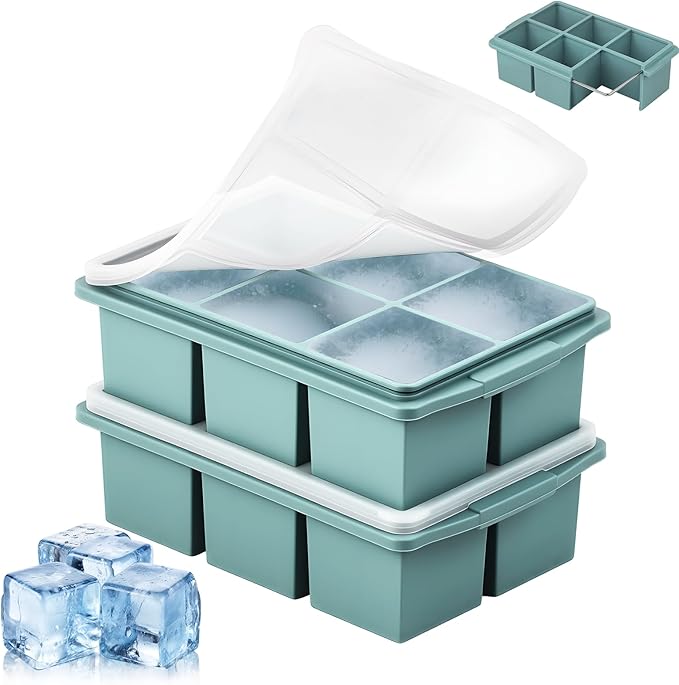Large Ice Cube Trays for Whiskey (2 Pack) - Silicone Ice Cube Molds with Steel Frame Reinforcement & Lid, 2-Inch Square Ice Cubes for Whisky, Cocktails, Coffee, Tea - Easy Release