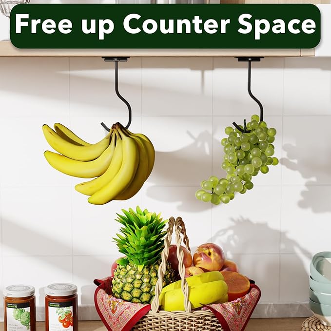bussdis Under Cabinet Banana Hook Foldable - Adhesive Bananas Hanger, Heavy Duty Stainless Banana Holder (13lb), Magnetic Fold-Up When Not in Use, Premium Material, Black