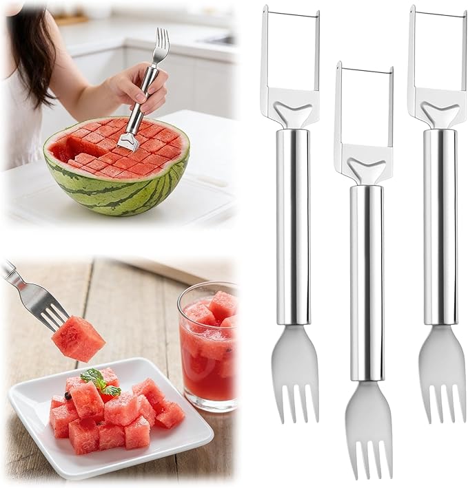 2-in-1 Stainless Steel Fruit Cutter, 2026 New Watermelon Fork Slicer Tool, Dual Head Watermelon Cutter Knife for Home Kitchen Gadget (3pcs)