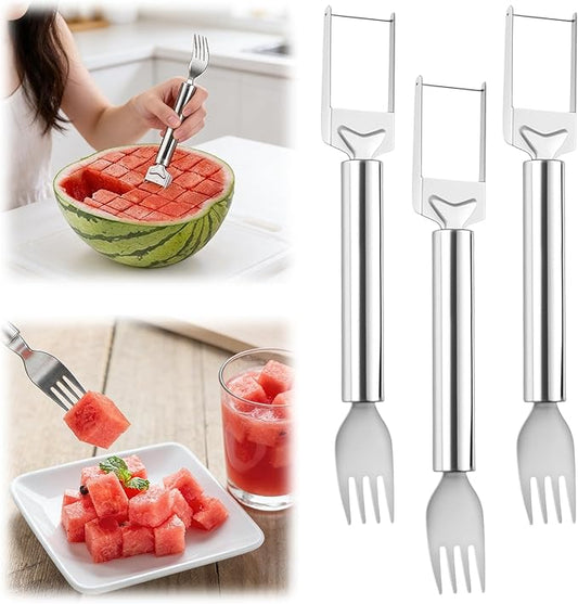 2-in-1 Stainless Steel Fruit Cutter, 2026 New Watermelon Fork Slicer Tool, Dual Head Watermelon Cutter Knife for Home Kitchen Gadget (3pcs)