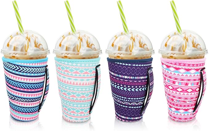 4Pack Reusable Iced Coffee Sleeve Insulator Sleeves for Cold Drinks Beverages, Neoprene Cup Holder for Most Coffee, Fits 30-32oz Large Cups (Geometric)
