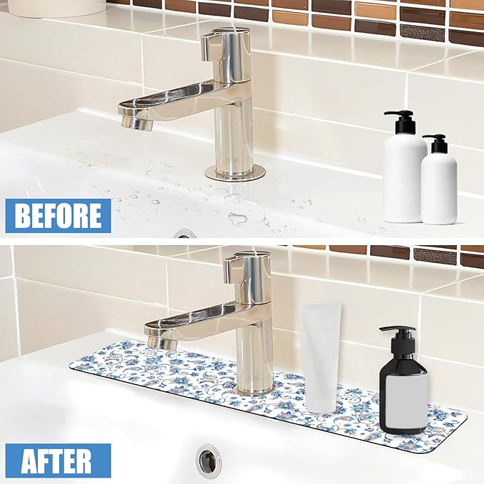 Sink Splash Guard Faucet Mat Paisley Flowers Tulips Leaves Absorbent Fast Drying Mat Sink Gadgets Splash Guard Behind Faucet Drip Catcher for Kitchen Bathroom 23.5"X5.5"