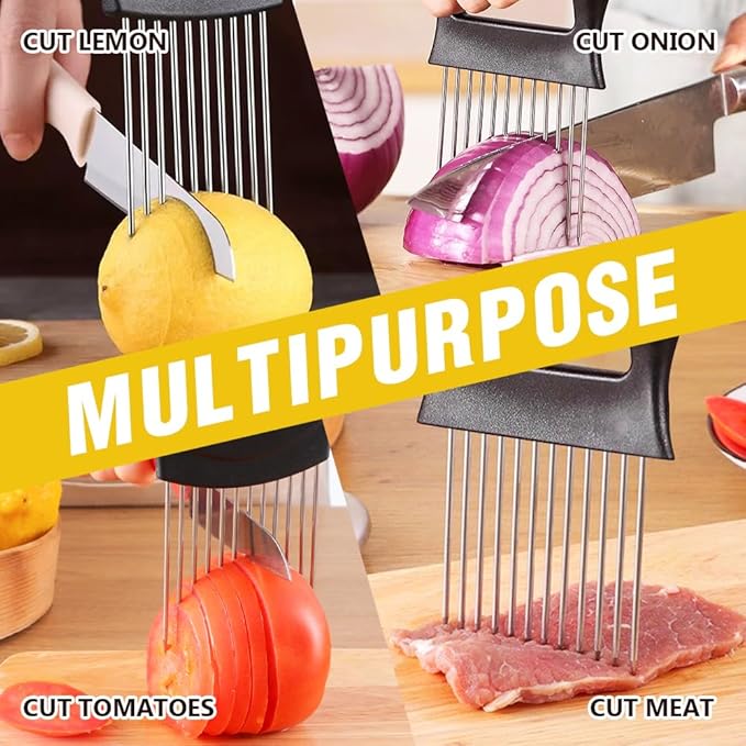 2026 New Stainless Steel Onion Slicer Holder, Onion Holder for Slicing, Lemon Slicer Vegetable Cutter, Chopper Slicing Assistant Tool for Meat, Onion, Potato, Tomato Home Kitchen Tools (Black-A)