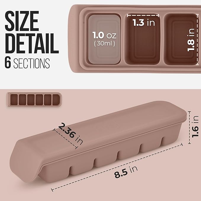1 oz/6 Sections Silicone Ice Cube Freezer Tray with Lid, 100% Food-Grade Platinum Silicone,Leak Resistance & Dishwasher Safe for Baby Food Prep,Breast Milk,Purees - Korean Made, Brown