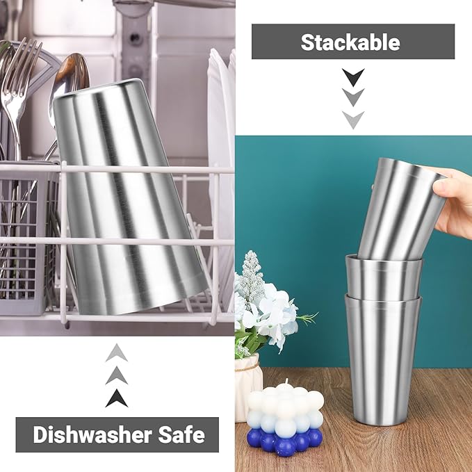 Stainless Steel Cup, 16 oz Insulated Tumbler, 8 Pack Double Wall Unbreakable Stackable Water Tumblers Insulated Metal Cup Premium Drinking Glasses for Travel Camping Home Outdoor